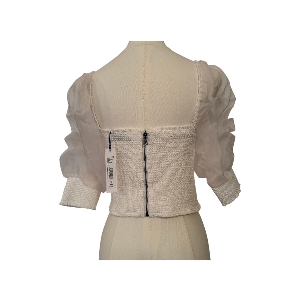 Alice & Olivia NWT Off-White Elasticized Top w/Organza Puff Sleeves, Cropped S/P - Picture 2 of 6